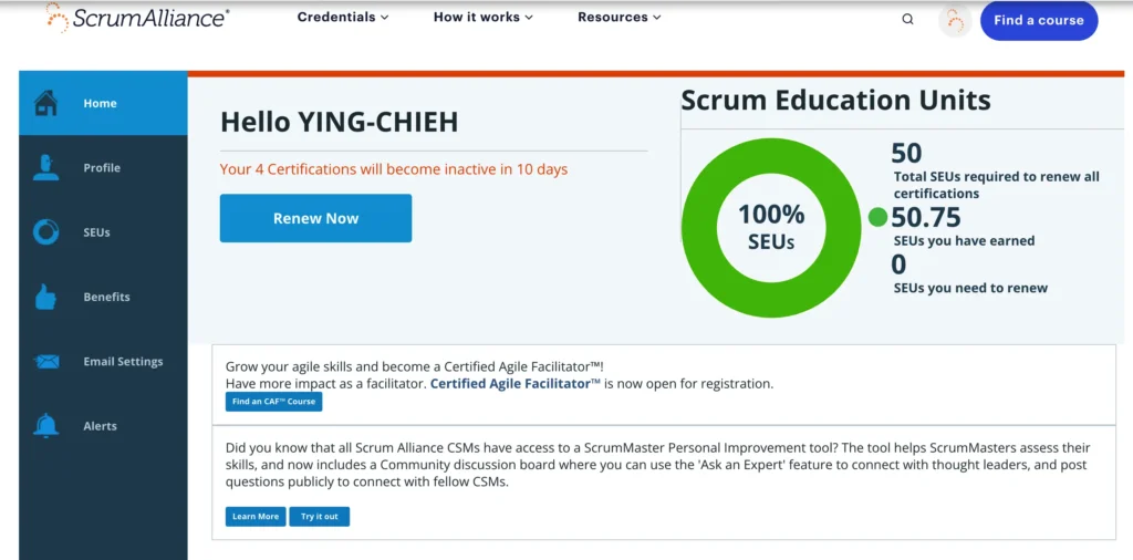 Scrum Alliance 用戶主頁截圖，展示證照到期提醒、SEUs 累積進度圖、續證按鈕，以及提升敏捷技能的課程與社群資訊。