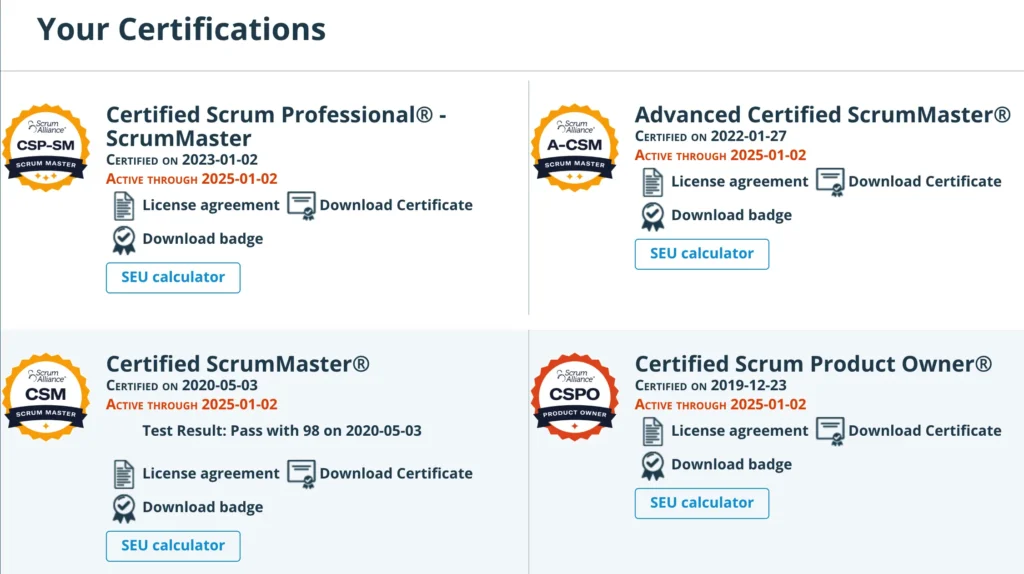 Scrum Alliance 用戶證照頁面截圖，展示 Certified Scrum Professional - ScrumMaster、Advanced Certified ScrumMaster、Certified ScrumMaster 和 Certified Scrum Product Owner 證照及相關功能按鈕。