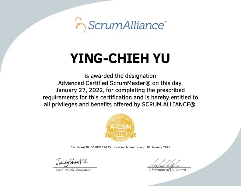 YING CHIEH YU ScrumAlliance ADVCSM Certificate