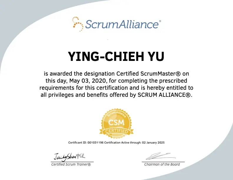 YING CHIEH YU ScrumAlliance CSM Certificate