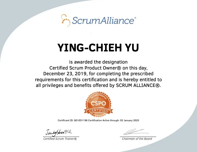 YING CHIEH YU ScrumAlliance CSPO Certificate