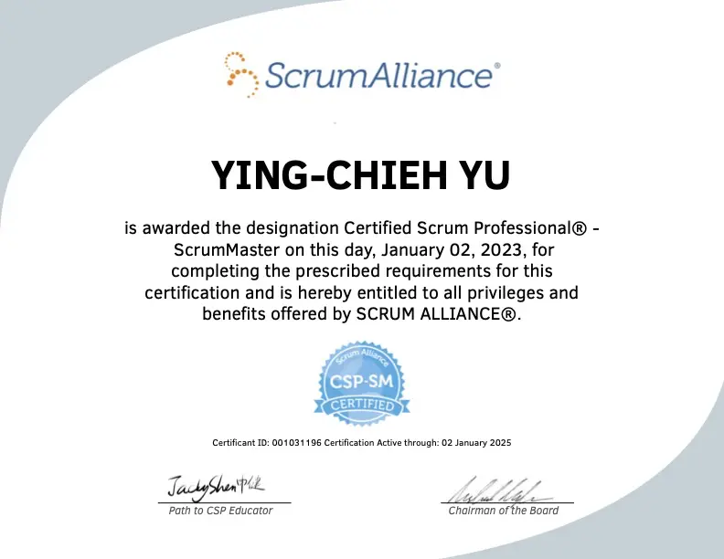 YING CHIEH YU ScrumAlliance CSPSM Certificate