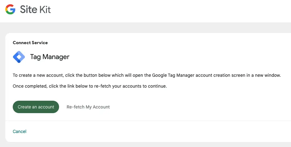 進入Site Kit的「Tag Manager」頁面後，點擊「Create account」按鈕