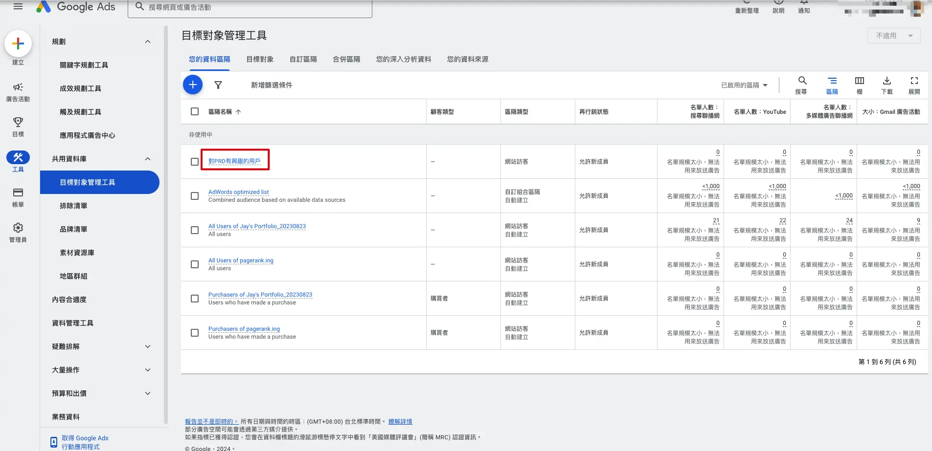第八步：經過24小時後，進到Google Ads的目標對象名單管理工具查看，就可以發現GA4名單已經被匯入Google Ads。