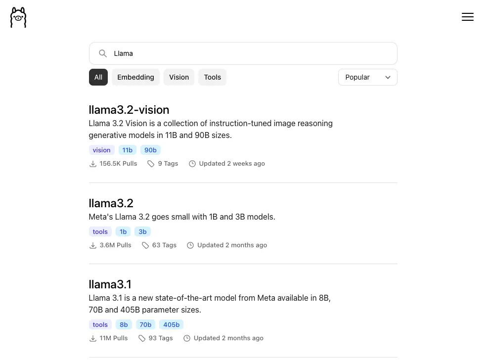 模型列表界面，顯示 Llama 系列模型，包括 'llama3.2-vision'、'llama3.2' 和 'llama3.1'，每個模型都有簡要介紹，例如模型大小和最新更新時間，列表上方有搜尋欄，搜尋關鍵字為 'Llama'。