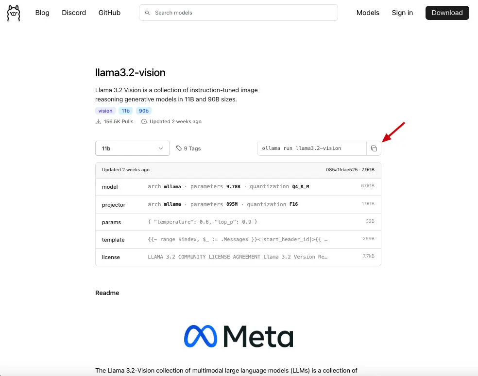 Llama3.2-vision 模型的下載界面，右上角顯示生成的運行命令 'ollama run llama3.2-vision'，紅色箭頭指向複製按鈕，提示用戶可以直接複製命令到終端執行。