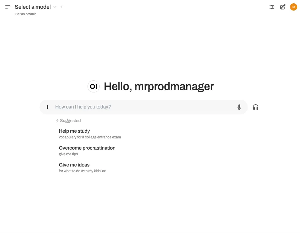 Open WebUI 主界面，顯示 'Hello, mrprodmanager' 的歡迎語，搜尋框下提供建議操作，例如 'Help me study' 和 'Overcome procrastination'，整體界面為白色主題。