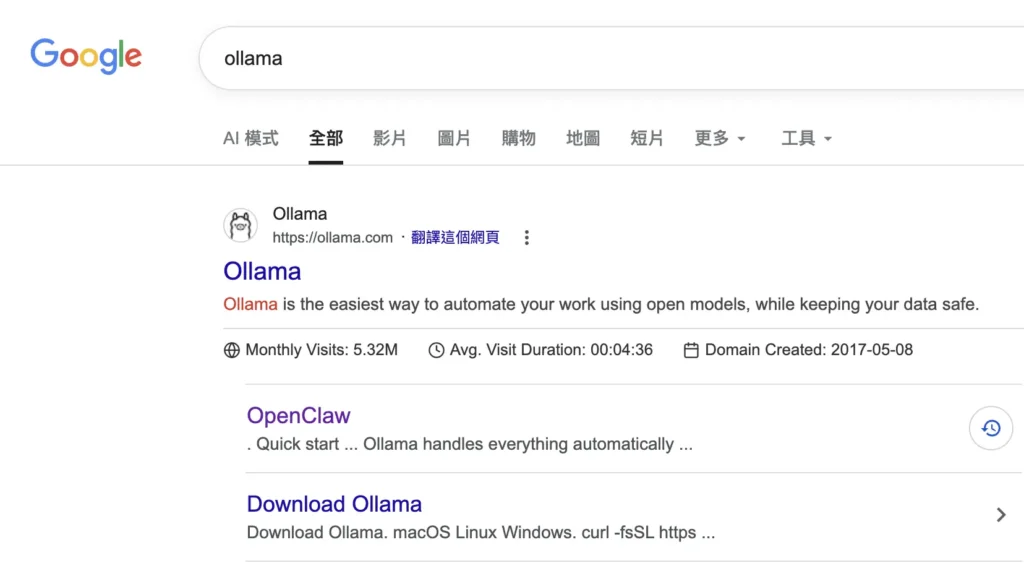 Google 搜尋關鍵字 ollama 的結果畫面，顯示官方網站連結與網站流量資訊。