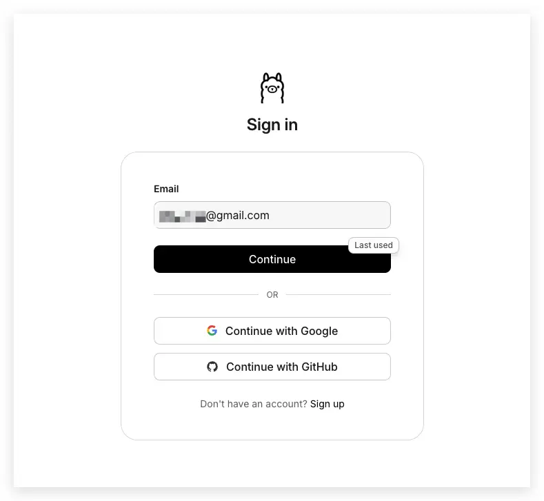 Ollama 登入頁面，提供電子郵件、Google 與 GitHub 三種登入選項。