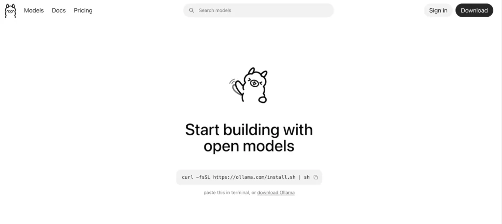 Ollama 官方網站首頁，顯示 Start building with open models 標題與一鍵安裝指令。