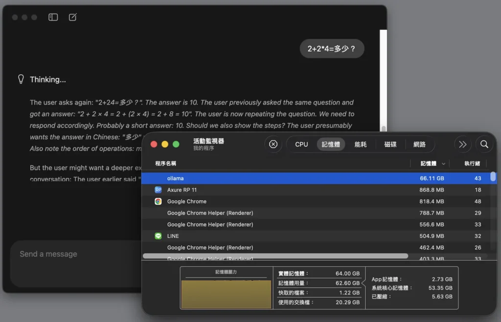 電腦的活動監視器視窗，顯示 Ollama 程式正在使用大量的記憶體資源進行運算。