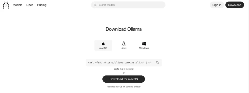 Ollama 官網下載中心頁面，提供 macOS、Linux 與 Windows 平台選擇，並顯示下載按鈕。