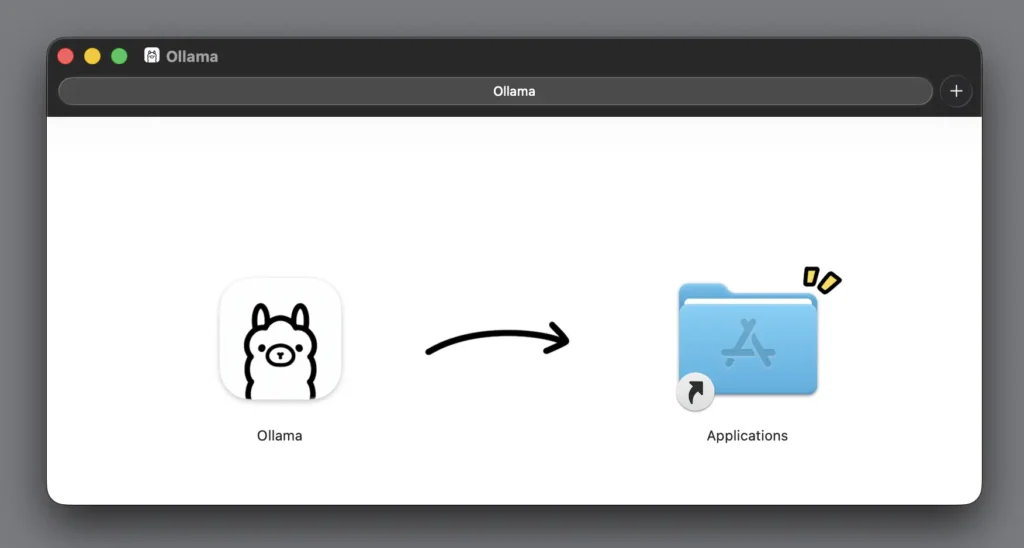 Ollama 安裝程式視窗，指示使用者將 Ollama 圖示拖曳至 Applications 應用程式資料夾。