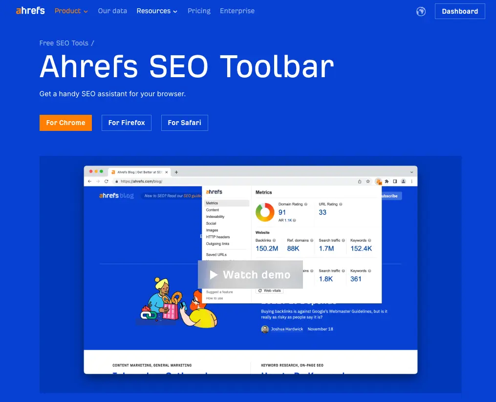 Ahrefs SEO Toolbar 開箱:裝上去,省時間! 1 Ahrefs SEO Toolbar 瀏覽器外掛工具官方頁面畫面,顯示即時網站指標與頁面資訊選單。