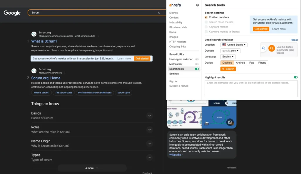Ahrefs SEO Toolbar 開箱:裝上去,省時間! 6 Ahrefs SEO Toolbar 的 Search tools 功能模擬美國地區的 Google 搜尋,關鍵字為 Scrum,並設定為英文語系與桌機裝置,畫面呈現真實的當地搜尋結果。