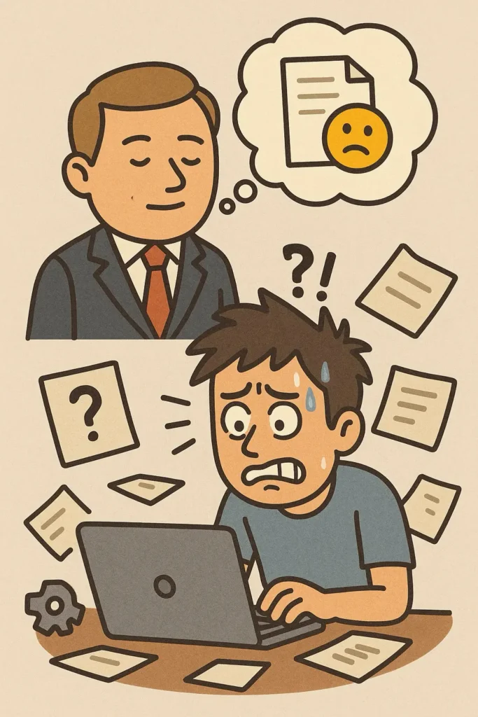 Agile 到底是什麼?(寫給老闆看的 Agile 入門概念) 2 一位笑容滿面的老闆誤以為敏捷開發不需要文件,而一名工程師則因缺乏文件滿臉焦慮、被問號與文件淹沒,坐在電腦前手足無措。