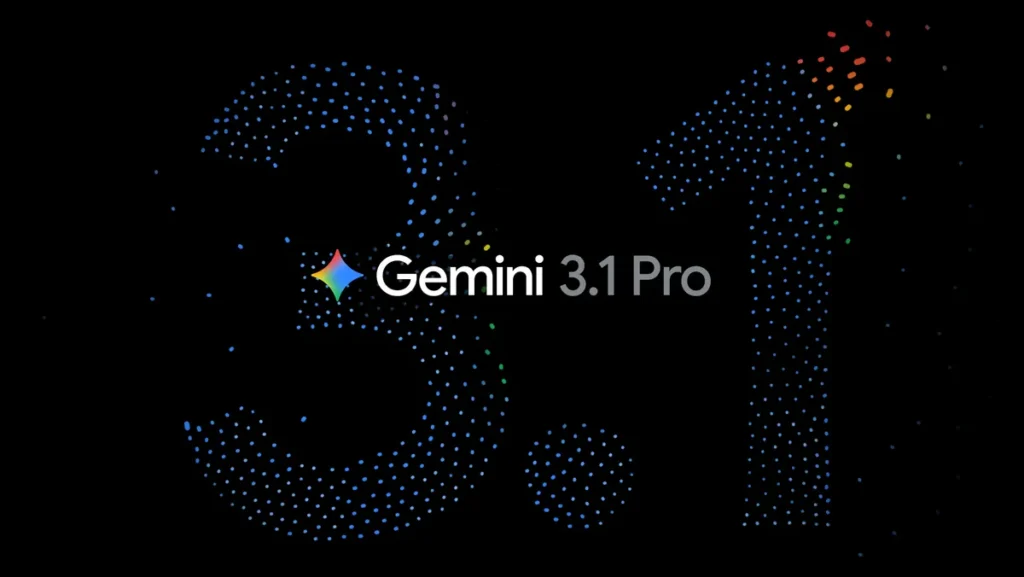 黑底點陣風格主視覺，中央文字「Gemini 3.1 Pro」，背景以藍色點點組成巨大數字 3.1