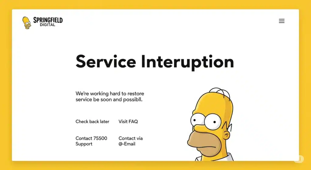辛普森風格的網頁畫面，顯示虛擬公司『Springfield Digital』的服務中斷頁面。頁面中央有『Service Interruption』的訊息，並提供修復進度、常見問題連結和聯絡資訊，下方有困惑的荷馬辛普森頭像，整體設計旨在告知用戶並降低焦慮。