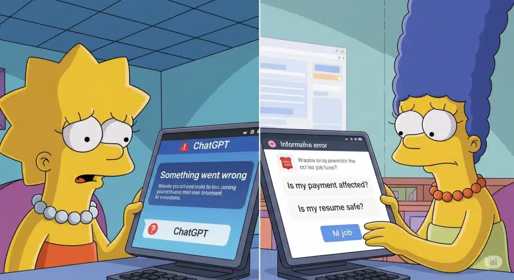 辛普森風格的網頁畫面，顯示服務中斷訊息。頁面中央有虛擬進度條緩慢填充，並預估剩餘時間（例如『預估剩餘時間：1 分 30 秒』），同時角落帶有『中斷免賠』或『我們深感抱歉』的保障標識，旨在降低使用者焦躁感。