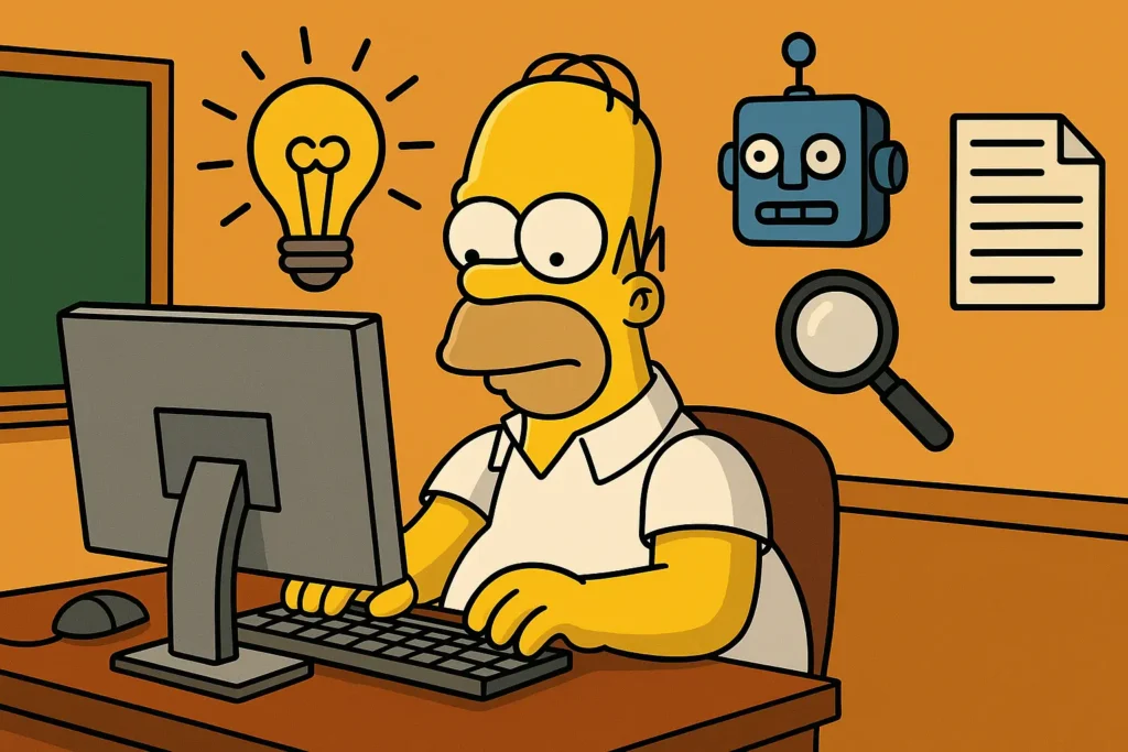 辛普森風格插畫，辛普森坐在辦公桌前使用電腦，背景有燈泡、機器人頭像、放大鏡與文件圖示，象徵GEO（生成式引擎優化）人工智慧與搜尋優化概念。
