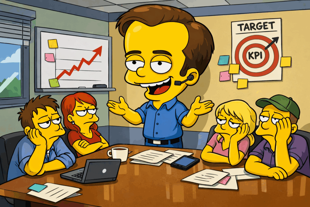 產品經理在會議室前方滔滔不絕發表意見，頭部比例誇張地巨大，團隊成員坐在會議桌旁神情疲勞、無奈，美式家庭動畫風格的職場諷刺插畫，象徵台灣職場常見的大頭症產品經理現象