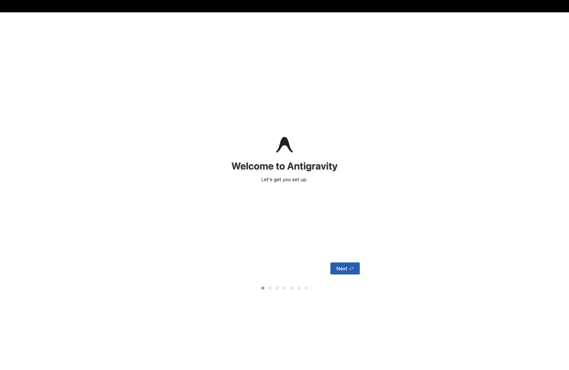 Antigravity 歡迎介面，中央有一個類似字母 A 的黑色弧形 Logo，下方顯示「Welcome to Antigravity」與「Let's get you set up.」字樣。