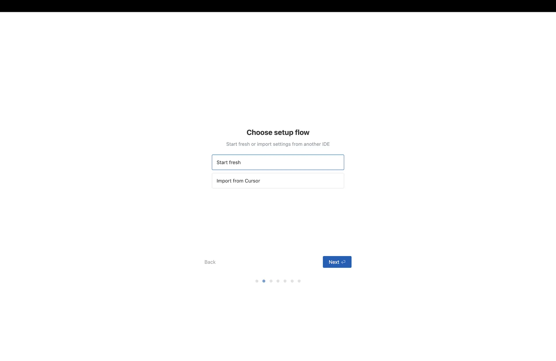 設定流程選擇頁面，標題為「Choose setup flow」，提供「Start fresh」（全新開始）與「Import from Cursor」（從 Cursor 匯入設定）兩個選項。