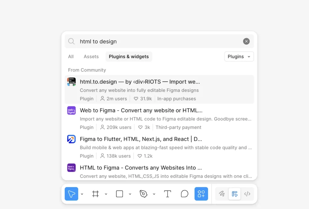 Figma html to design 插件搜尋結果