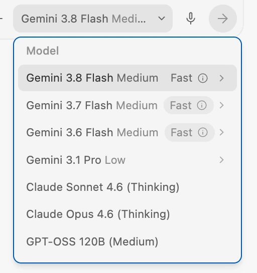 Antigravity 的模型選單，列出可選的 Gemini 3.8、3.7、3.6 Flash、Gemini 3.1 Pro，以及 Claude Sonnet 4.6、Claude Opus 4.6 和 GPT-OSS 120B。
