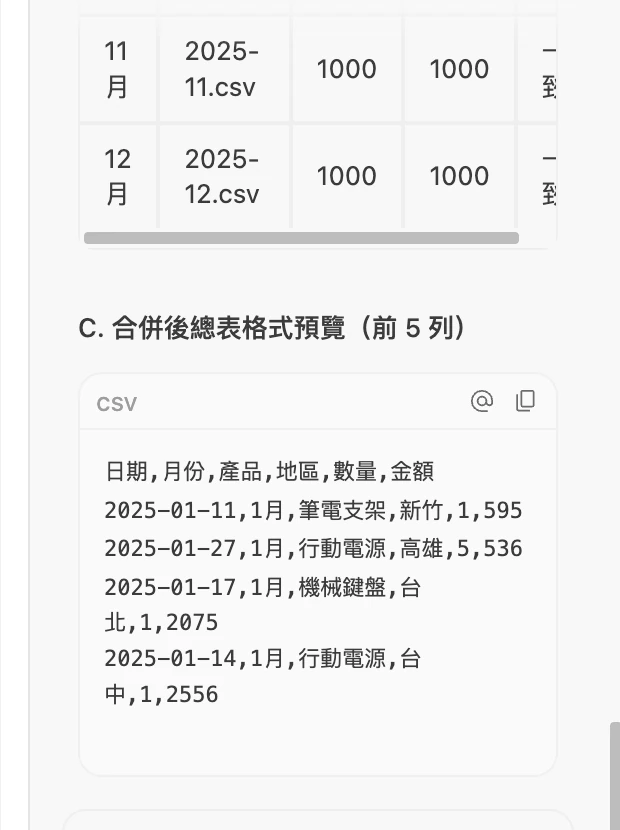 Agent 的驗證段落,用表格列出每個月各 1000 筆,並附上合併後總表的前幾列預覽。