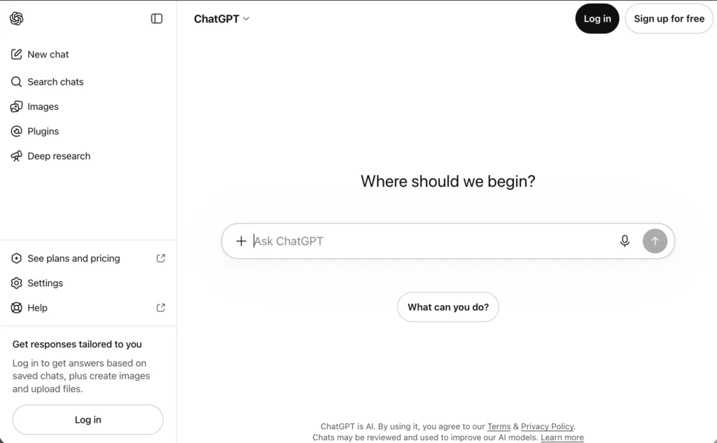 ChatGPT 未登入狀態的首頁，右上角是登入與免費註冊按鈕，左側只有功能選單、沒有對話紀錄