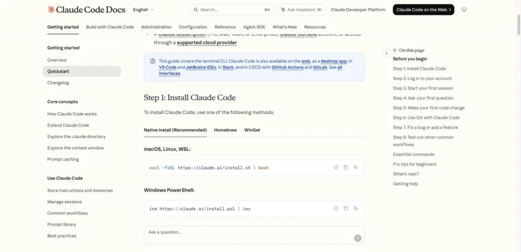 Claude Code 官方文件的安裝步驟，顯示 macOS、Linux、WSL 與 Windows PowerShell 的安裝指令