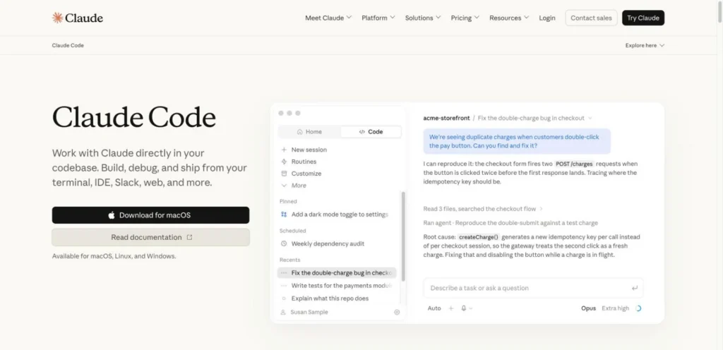 Claude Code 官方產品頁，右側展示在終端機裡修 bug 的畫面