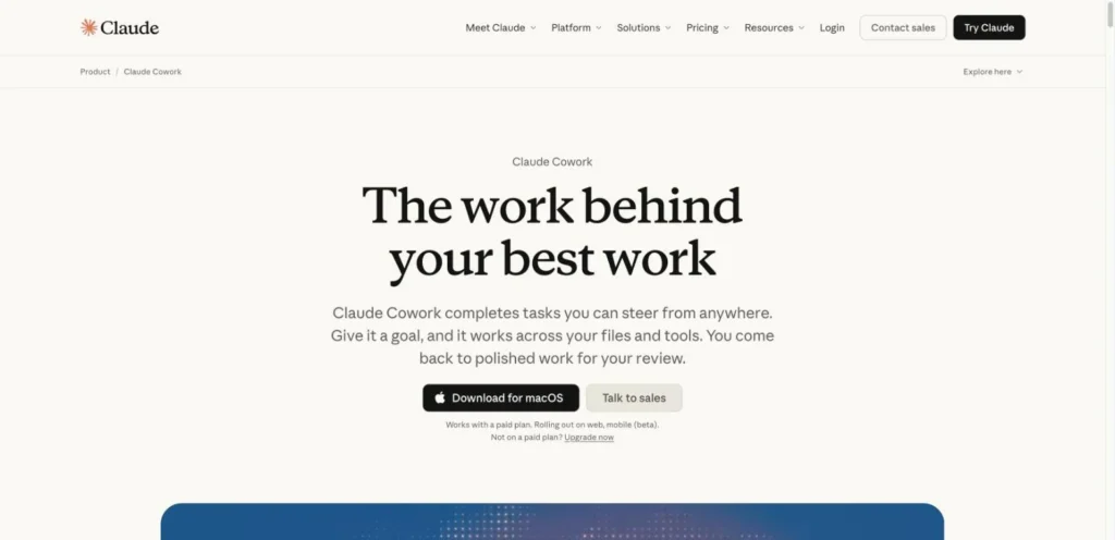 Claude Cowork 官方產品頁,標題寫著 The work behind your best work