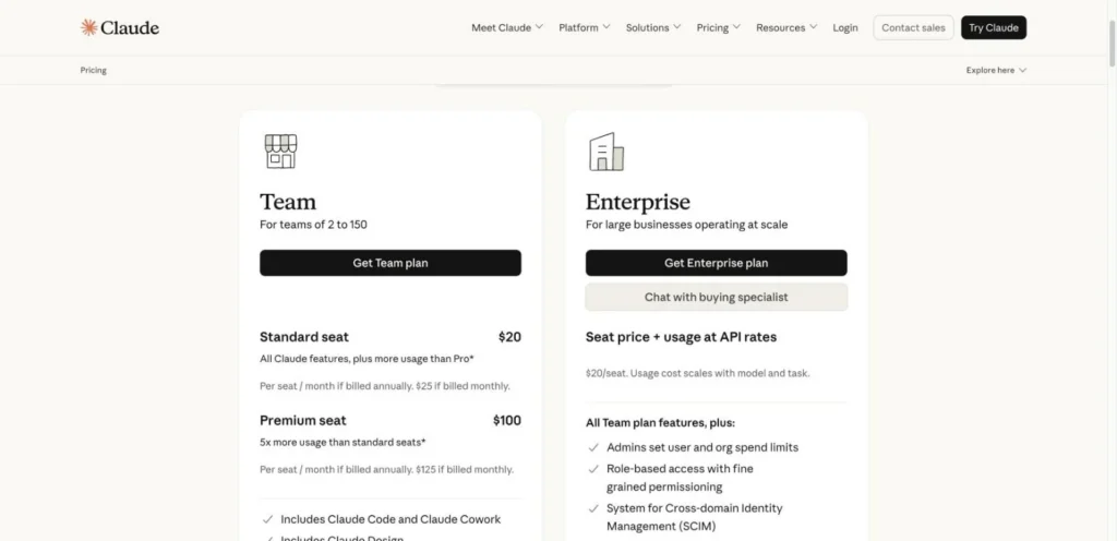 Claude 官方方案頁的 Team 與 Enterprise 團隊方案與座位價格