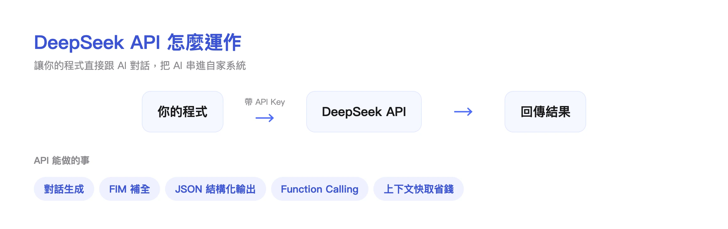DeepSeek API 運作流程圖：你的程式帶 API Key 呼叫 DeepSeek API 取得結果，並含對話生成、FIM、JSON、Function Calling 等能力