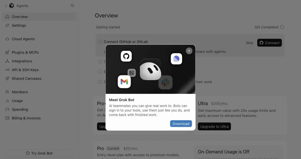 Cursor 後台左下角的 Try Grok Bot 入口與 Meet Grok Bot 下載視窗