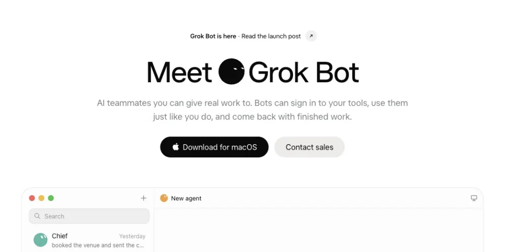 Grok Bot 官網首頁,標語寫著 AI teammates you can give real work to