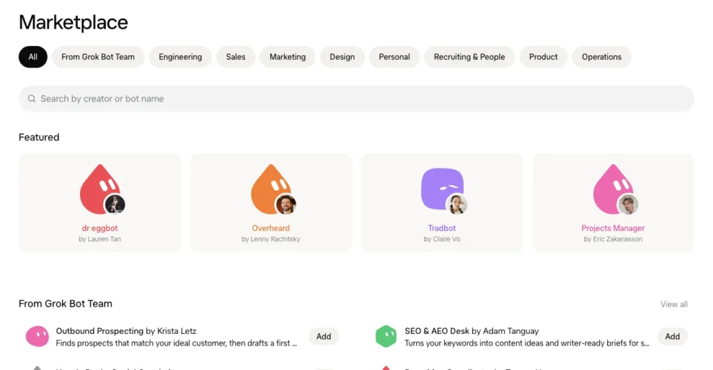 Grok Bot 市集頁面,依工程、業務、行銷等分類列出現成 Bot