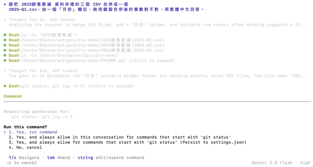 Antigravity CLI 執行任務時跳出權限詢問，列出要執行的指令與四個選項：只這次允許、這個對話都允許、永久允許、拒絕