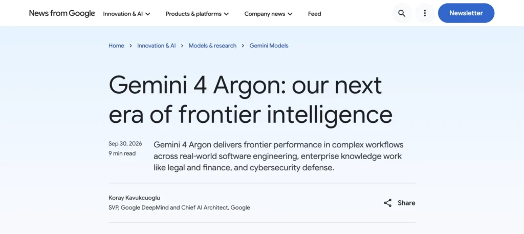 Google 官方部落格的 Gemini 4 Argon 發表文,2026 年 9 月 30 日發布